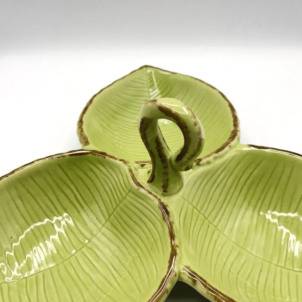 Pottery Barn Tropical Green Leaf Trio Candy Snack Serving Dish 11” w/Handle
